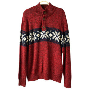 American Eagle Fair Isle Nordic Sweater Men L Red Mock Neck Grandpa Old Money
